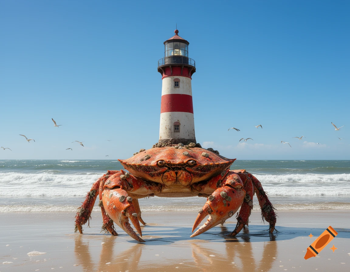 A giant orange crab with a red and white lighthouse on its back stands on a sandy beach, with ocean waves and seagulls under a blue sky.