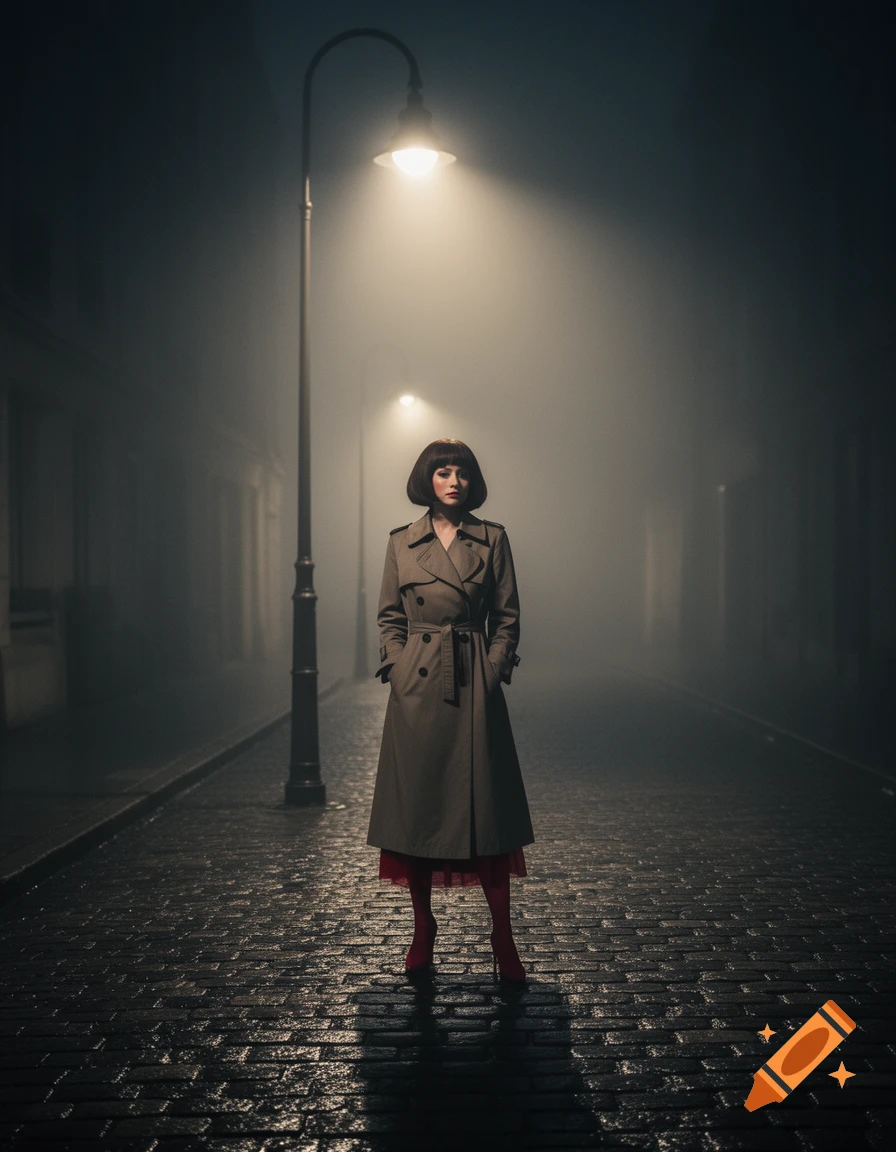 A woman in a trench coat and red stockings stands under a streetlamp on a wet, foggy cobblestone street at night, film noir style.