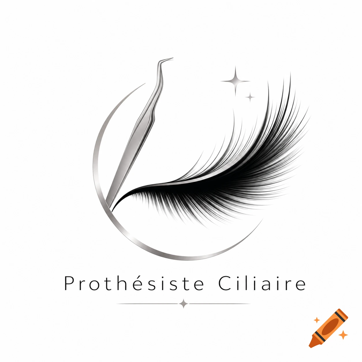 A silver and black logo featuring an elegant eyelash, tweezers, and sparkling stars within a silver semi-circle, with the text 'Prothésiste Ciliaire' below.