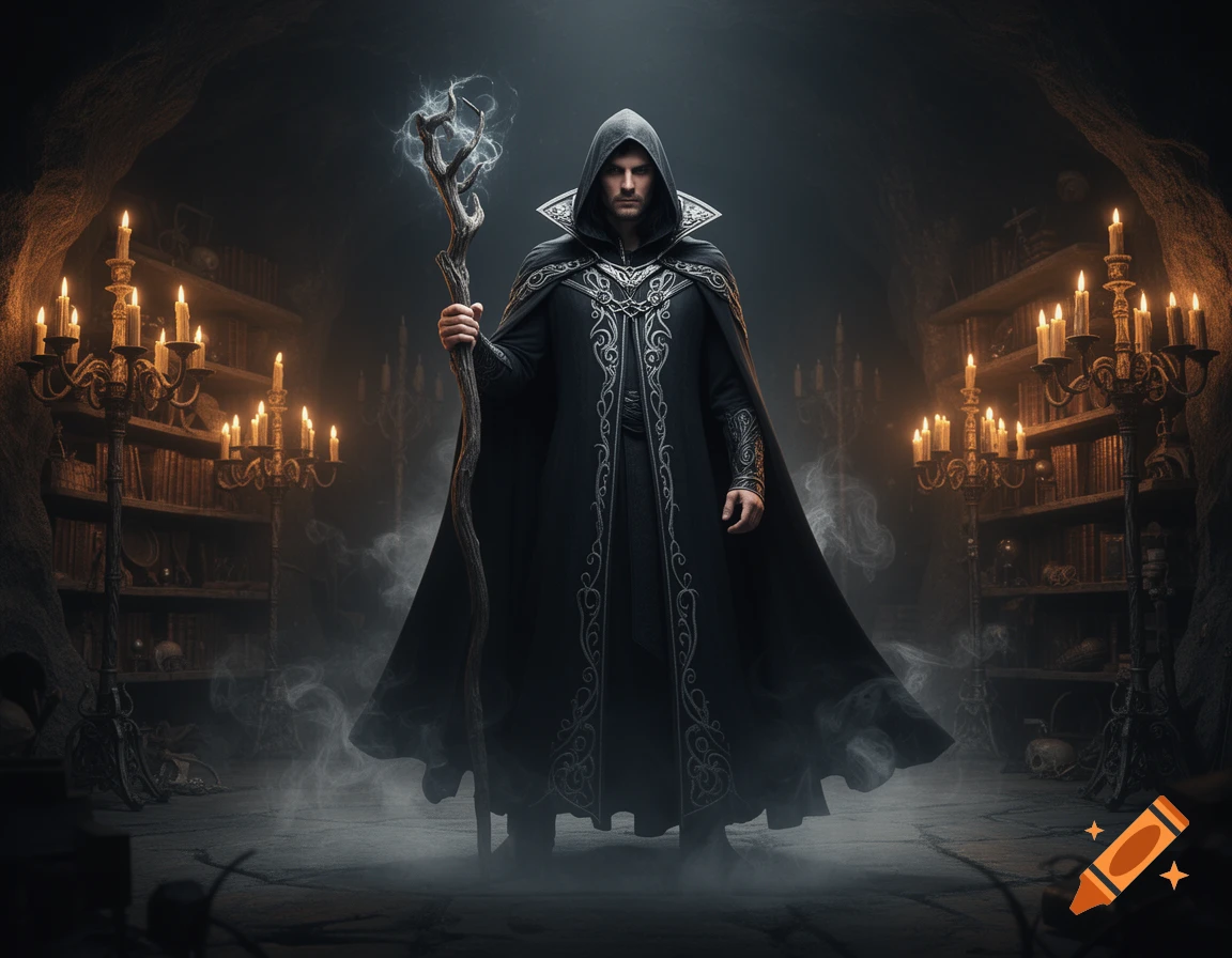 A hooded male wizard in a dark, ornate robe holding a glowing staff in a candlelit, cave-like library.