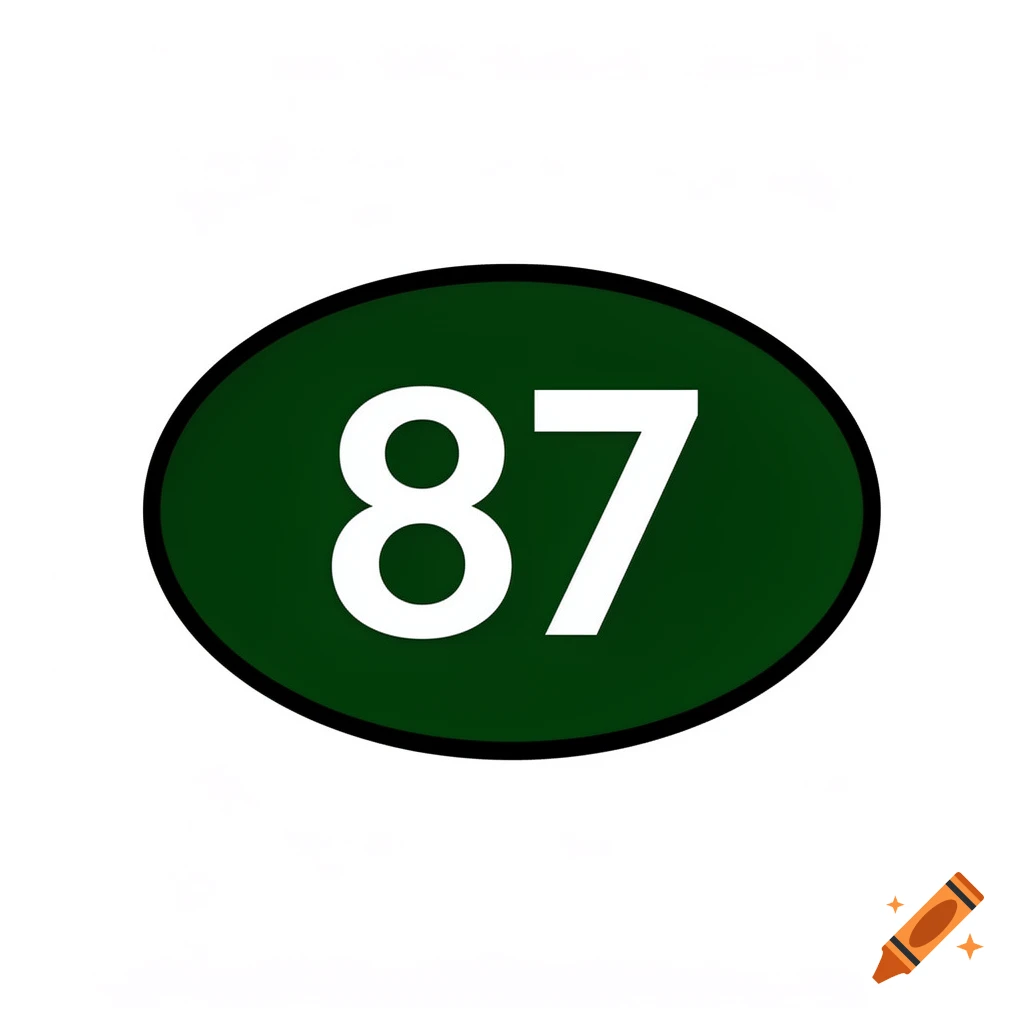Dark green oval with a black border and the bold white number 87 in the center.