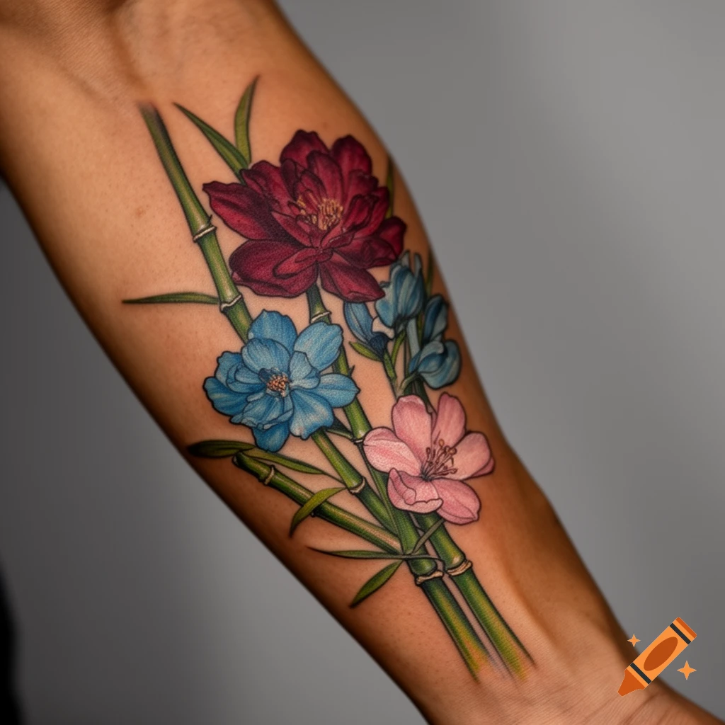 A vibrant tattoo of red, blue, and pink flowers with green bamboo stalks on a person's forearm.