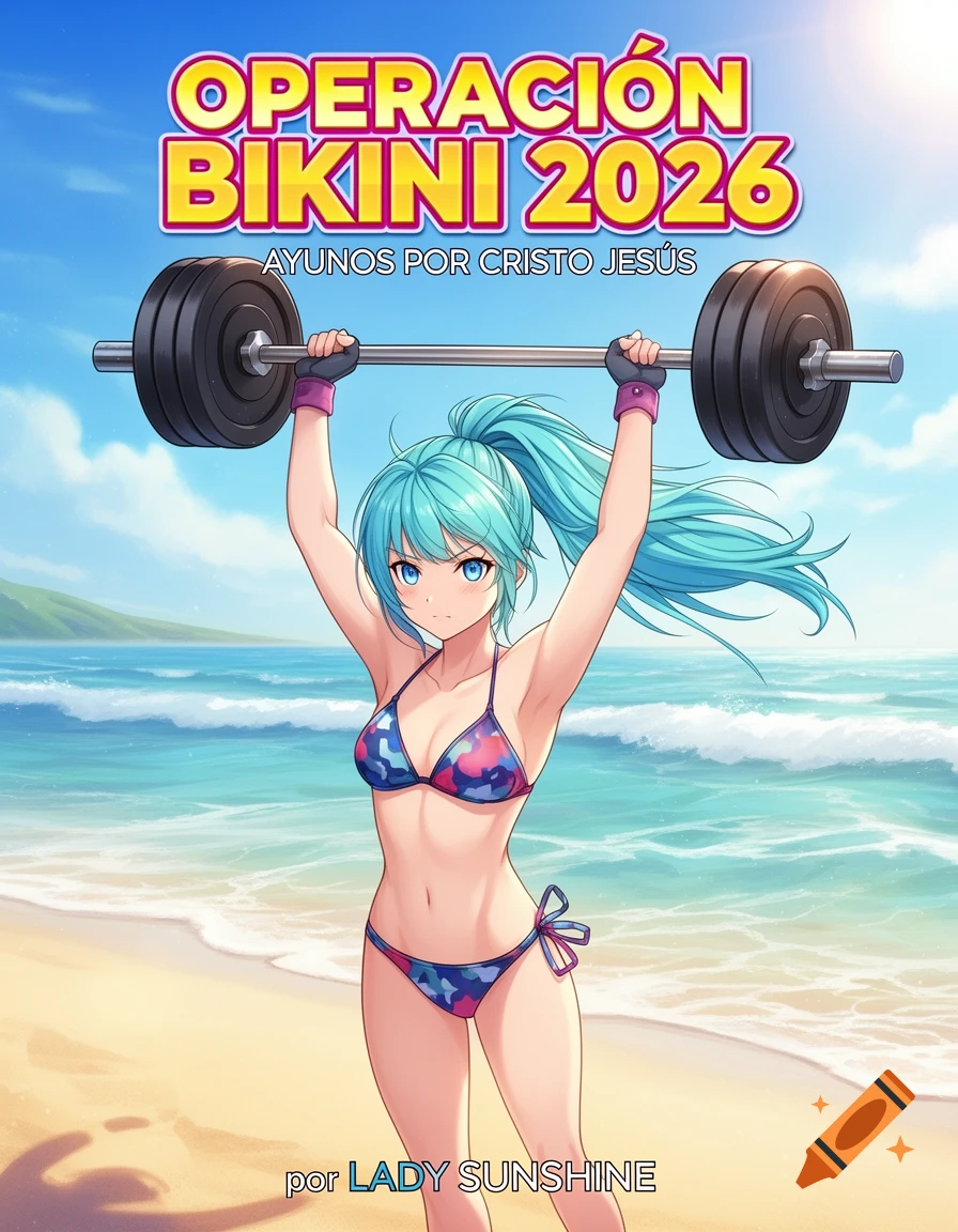 Anime girl in a bikini lifting weights on a sunny beach, depicted as a book cover with the title "OPERACIÓN BIKINI 2026".