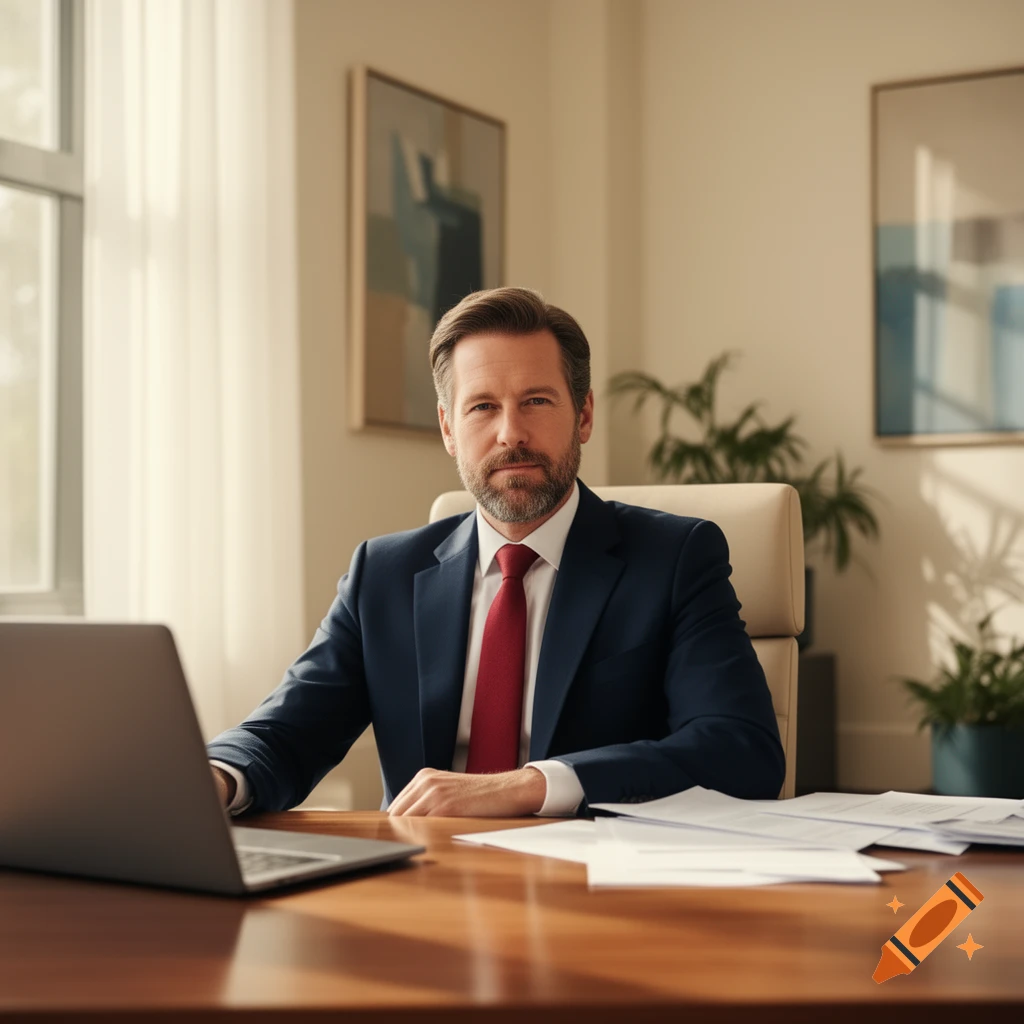 Photorealistic portrait of a professional man with a beard in a suit and red tie, sitting at an office desk with a laptop.