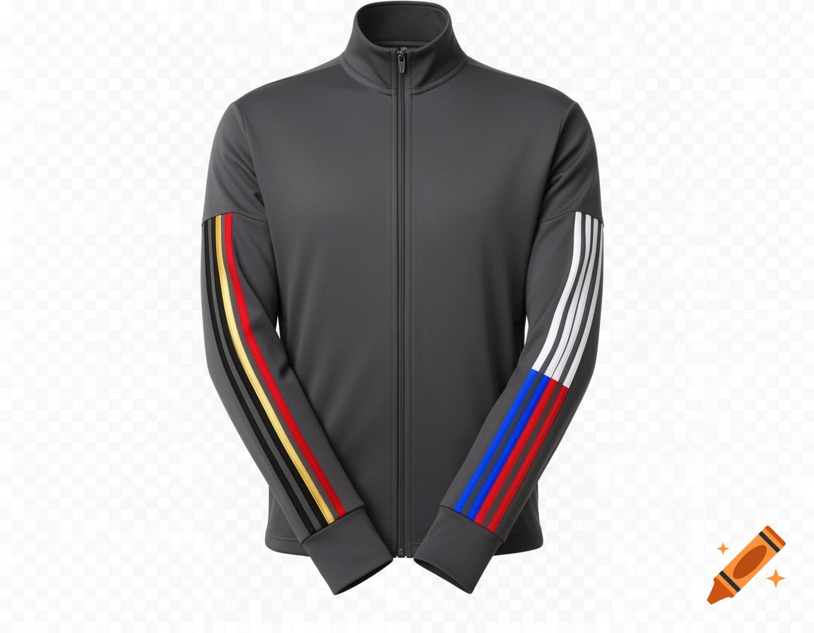 Dark gray zip-up jacket with flag-colored stripes on sleeves (Germany on left, Russia on right) on a transparent background.