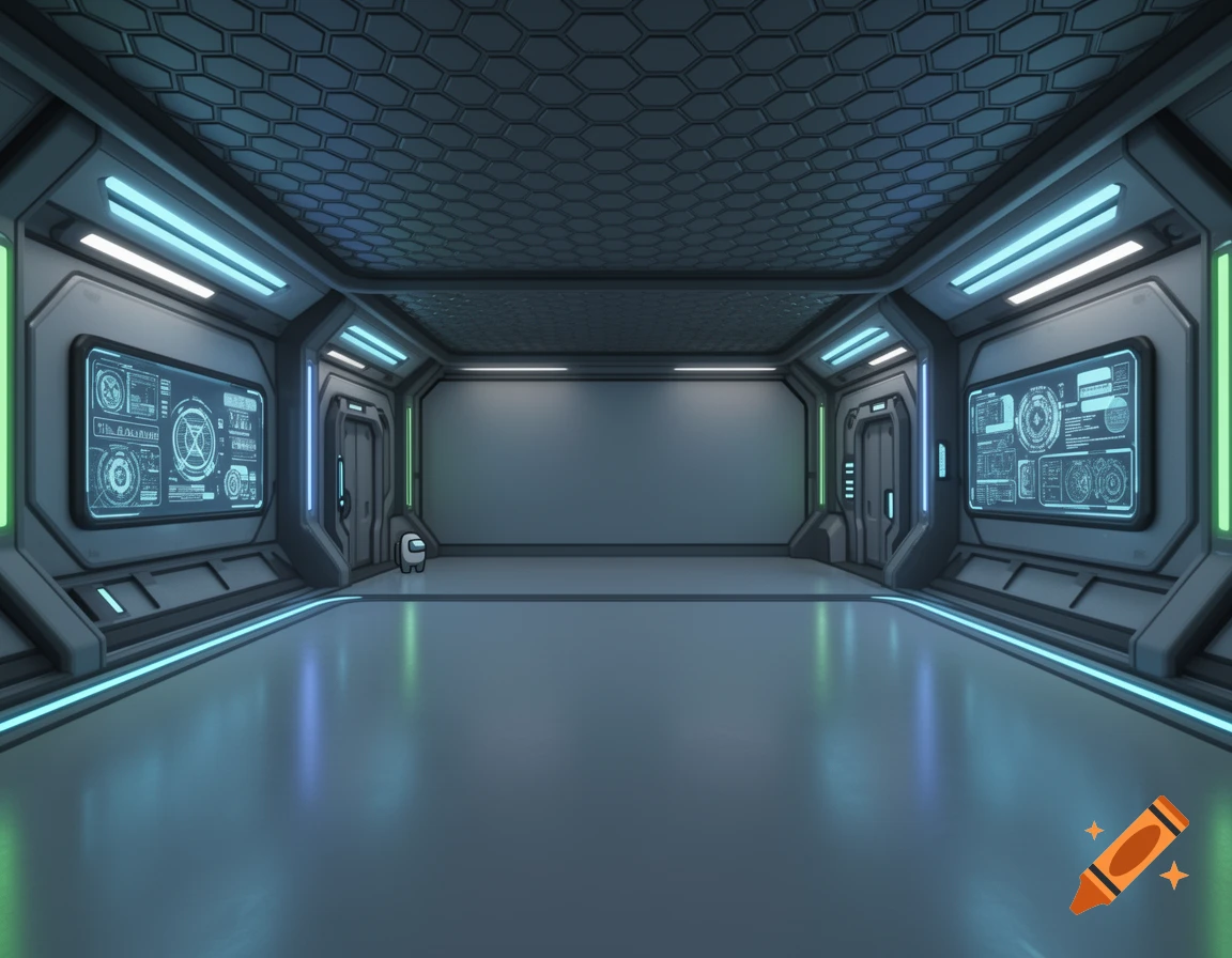 A futuristic spaceship corridor, the Among Us admin room, with metallic walls, glowing blue and green lights, digital screens, and a small white Among Us character.