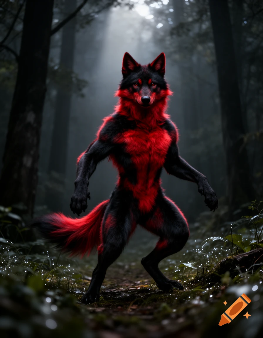 A bipedal red and black furry wolf-like creature stands in a dark, misty forest, illuminated by a single beam of light.