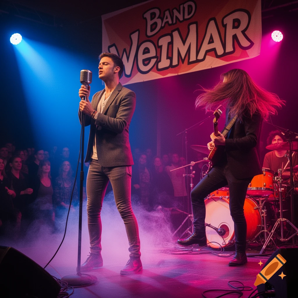 A band performs on stage under bright blue and pink spotlights with smoke, featuring a vocalist and a guitarist.