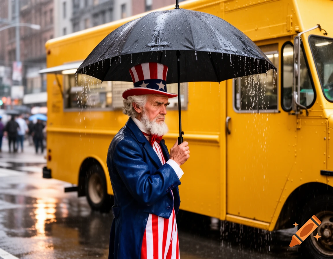 Uncle Sam holds a black umbrella in the rain, looking sad, standing next to a yellow food truck on a city street.
