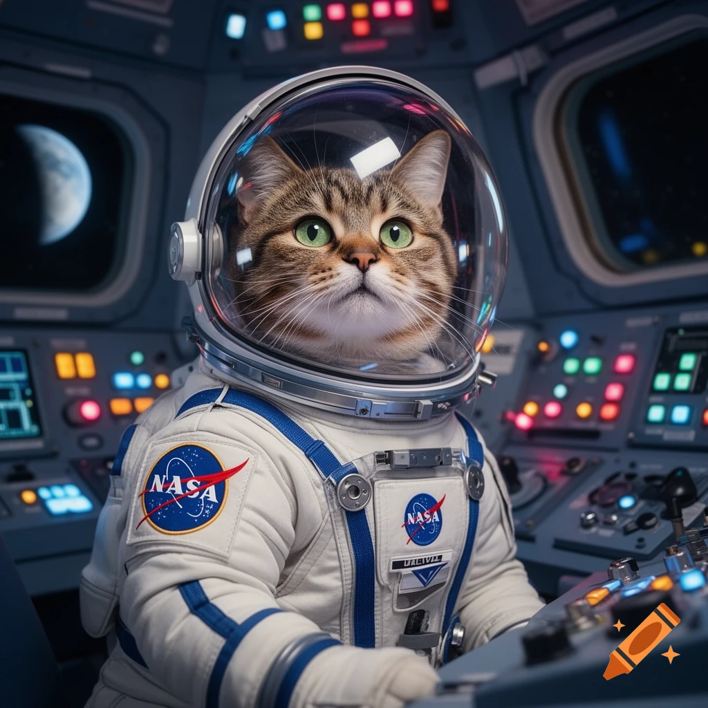 A photorealistic tabby cat in an astronaut suit with a clear helmet, sitting in a detailed spaceship cockpit with control panels. A moon is visible outside the window.