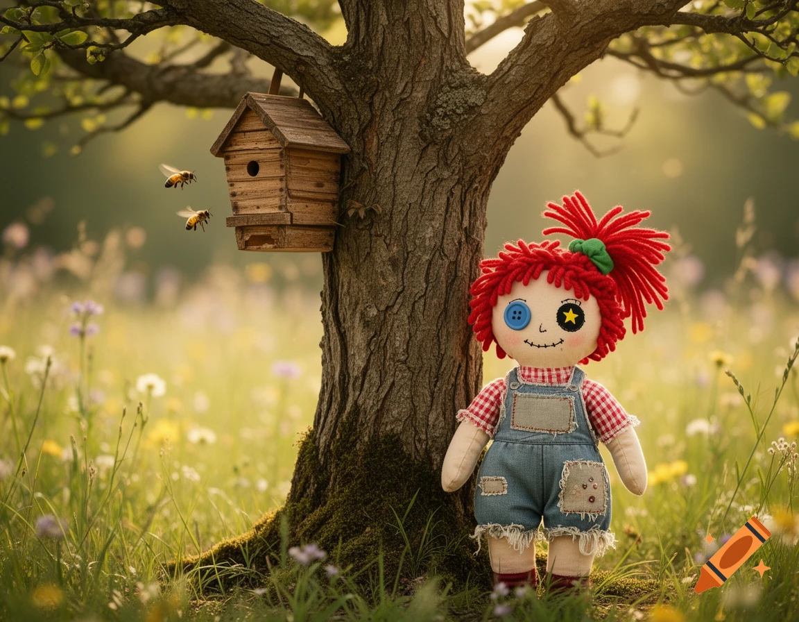 A ragdoll with red yarn hair and mismatched button eyes stands by a tree with a birdhouse and two bees in a sunny meadow.