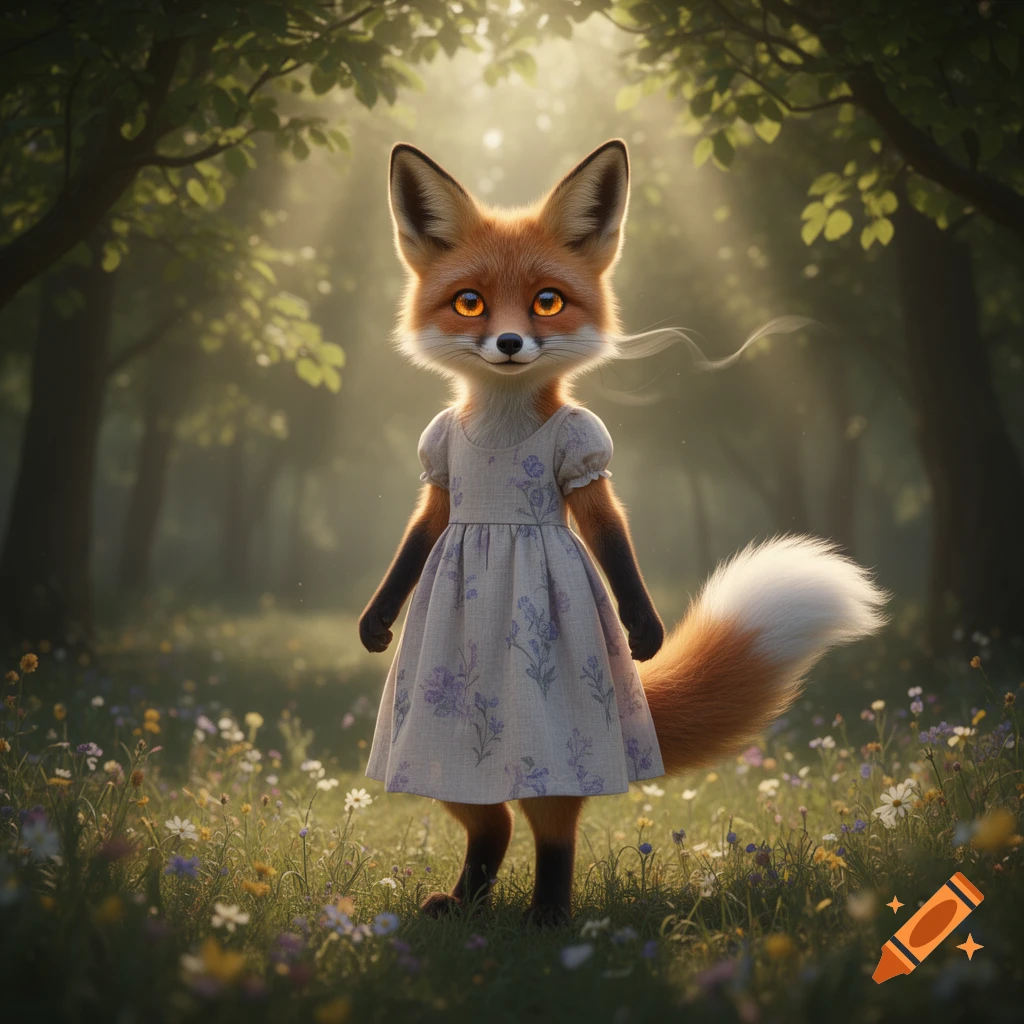 A cute anthropomorphic fox in a floral dress stands in a sunlit forest among wildflowers.