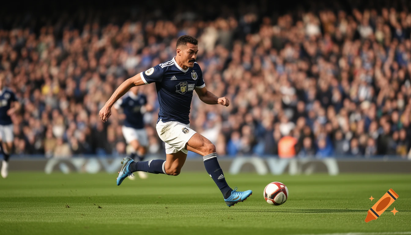 A male football player in a dark blue and white uniform dribbles a ball on a green stadium field, with a blurred crowd in the background, in a realistic sports photography style.