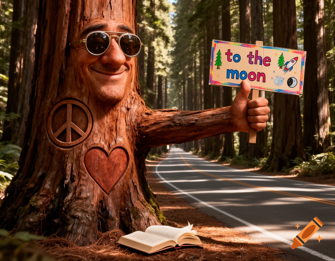 Photorealistic anthropomorphic redwood tree with a smiling face and sunglasses holds a "to the moon" sign, hitchhiking on a forest road.