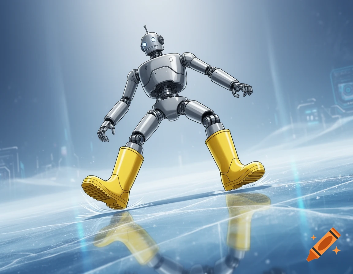 A retro-futuristic silver-grey robot wearing yellow wellington boots slips on thin ice, balancing with legs wide apart.