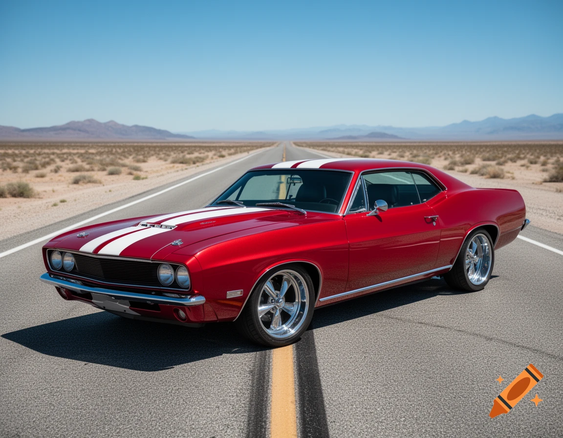 A red muscle car with white racing stripes on a long desert road under a clear blue sky.
