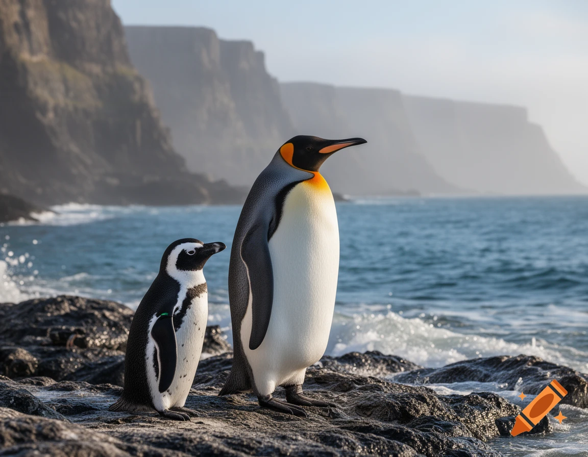 A photorealistic image of a King Penguin and a smaller penguin standing on a rocky shore with ocean waves and distant cliffs.