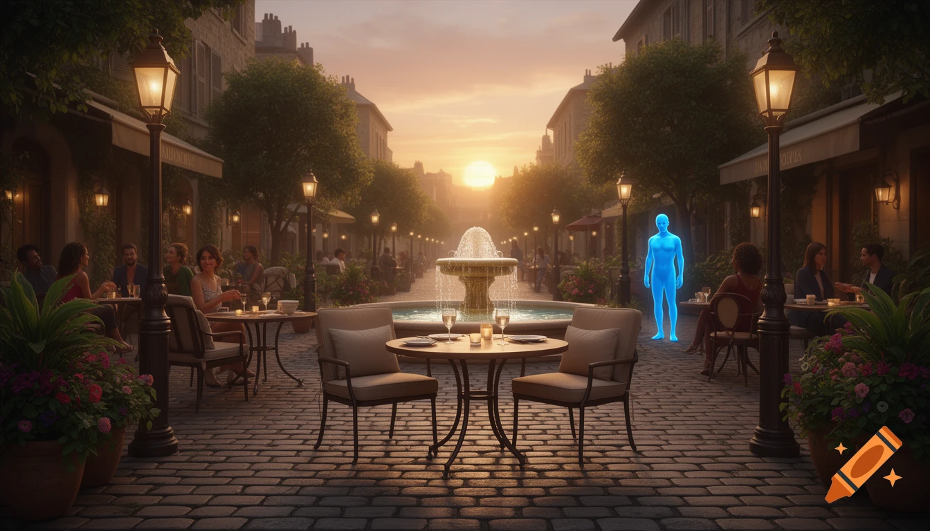 A street cafe at sunset with a central fountain, and a glowing blue humanoid figure standing near outdoor dining tables.