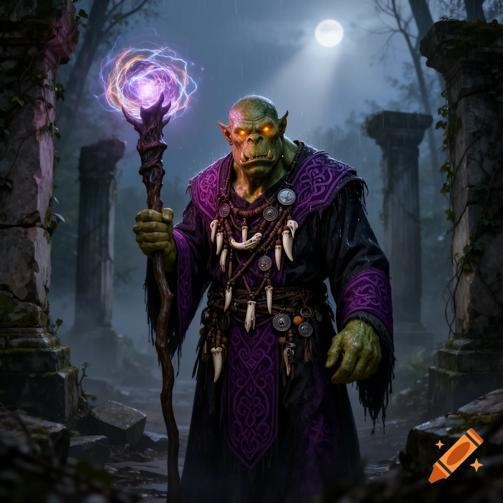 A powerful green-skinned orc mage with glowing eyes, clad in elaborate purple and black robes, stands in ancient ruins under a full moon, holding a magic staff radiating purple energy.