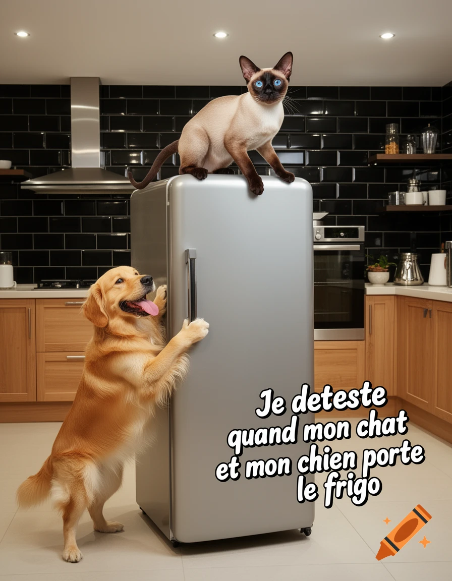 A Siamese cat sits atop a silver refrigerator while a Golden Retriever stands on its hind legs, pushing against the side of the fridge in a modern kitchen with black tiled walls. French text is visible on the refrigerator.