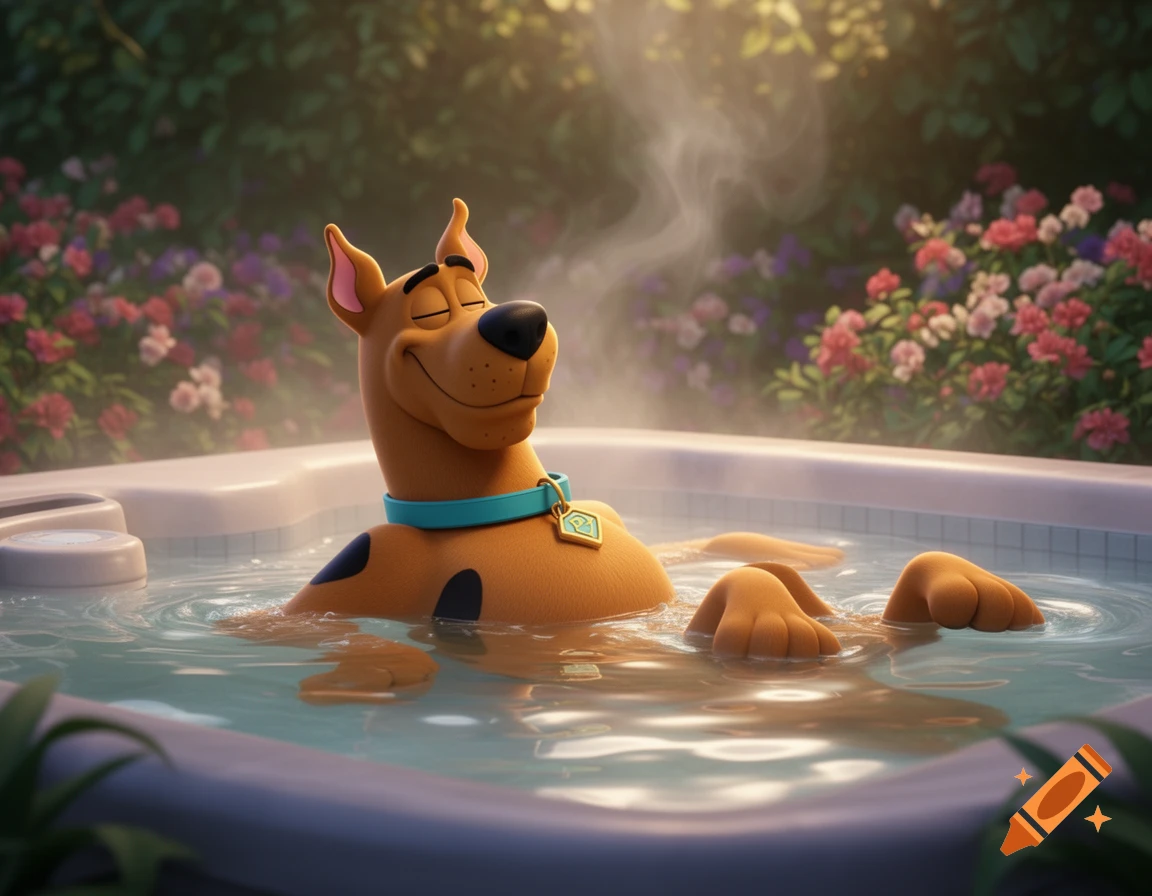Scooby-Doo relaxing with closed eyes in a steaming hot tub, surrounded by colorful flowers, in 3D animation style.