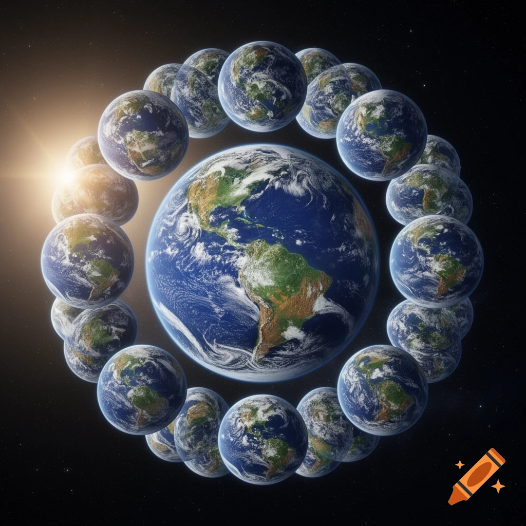 A large Earth at the center, surrounded by a ring of smaller Earths, set against a star-filled space with a bright light on the left.