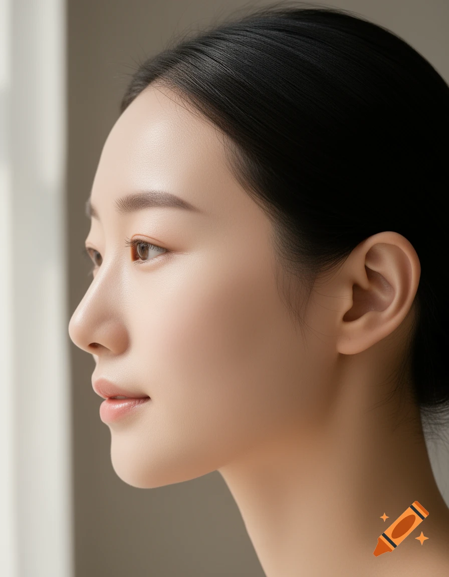 A close-up, photorealistic side profile portrait of an Asian woman with smooth, clean skin, looking left in natural light.