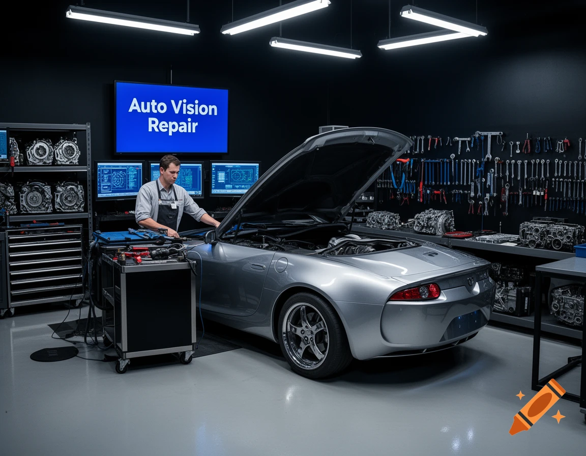 A male mechanic in an apron works on a silver convertible car in a modern auto repair shop with tools and a screen displaying 'Auto Vision Repair'.