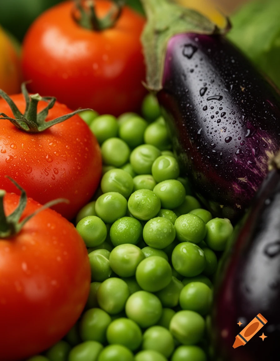 Close-up of fresh, wet red tomatoes, green peas, and dark purple eggplants.