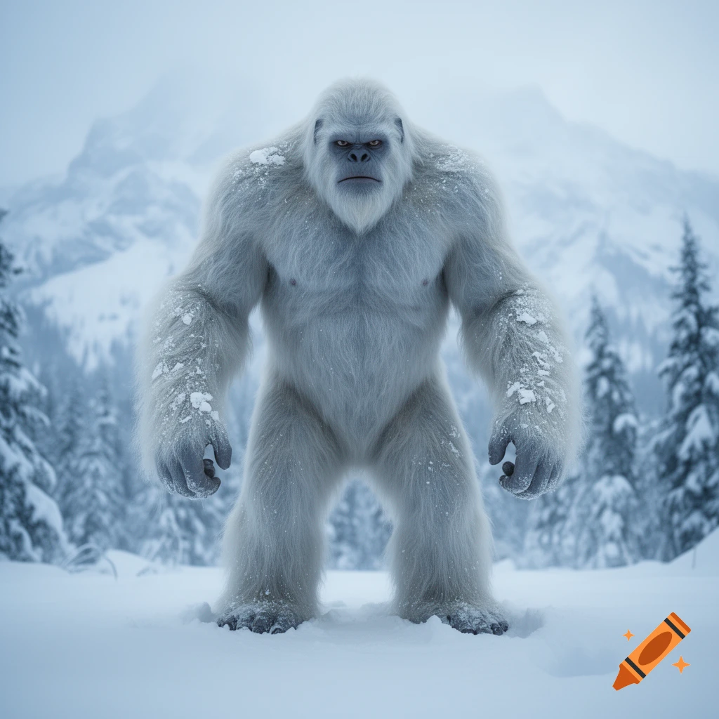 A large, white, furry Yeti stands in a snowy mountain landscape with pine trees, looking forward.