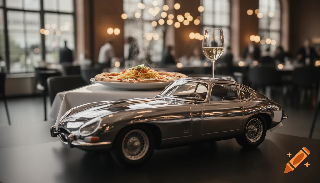 A shiny classic car model on a table with a spaghetti pizza and wine glass in a blurred, upscale restaurant.