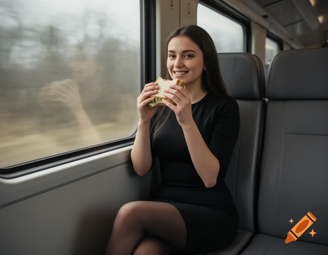 A young woman in a black dress smiles while eating a sandwich on a train, looking out a window.