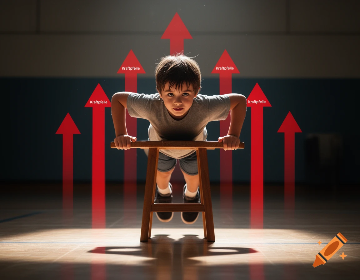 A young boy doing push-ups on a wooden stool in a dimly lit gym, with red "Kraftpfeile" (power arrows) pointing upwards around him.