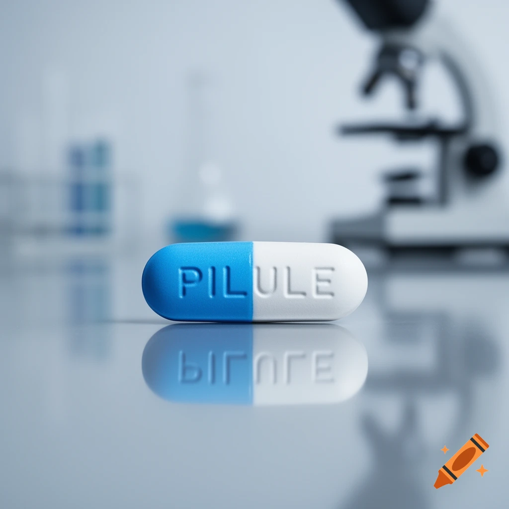 Close-up of a blue and white pill with 'PILULE' embossed on it, on a reflective lab surface with blurred microscope and beakers in the background. Photorealistic.