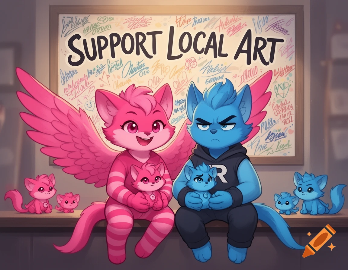 Cartoon pink winged and blue cat-like characters holding their babies, sitting before a 'SUPPORT LOCAL ART' sign.