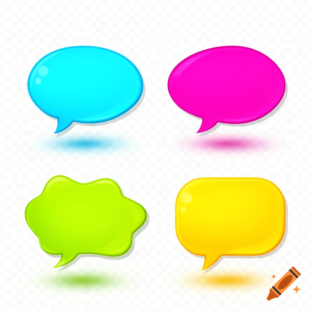 Four glossy, colorful speech bubbles in blue, pink, green, and yellow, each with a drop shadow on a transparent background.