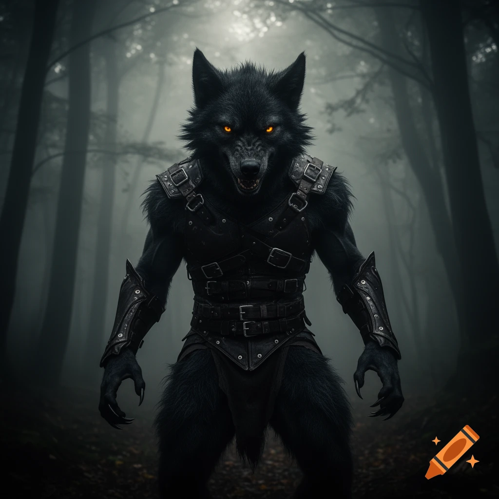 A fearsome black werewolf with glowing orange eyes, clad in leather armor, stands in a misty, dark forest.