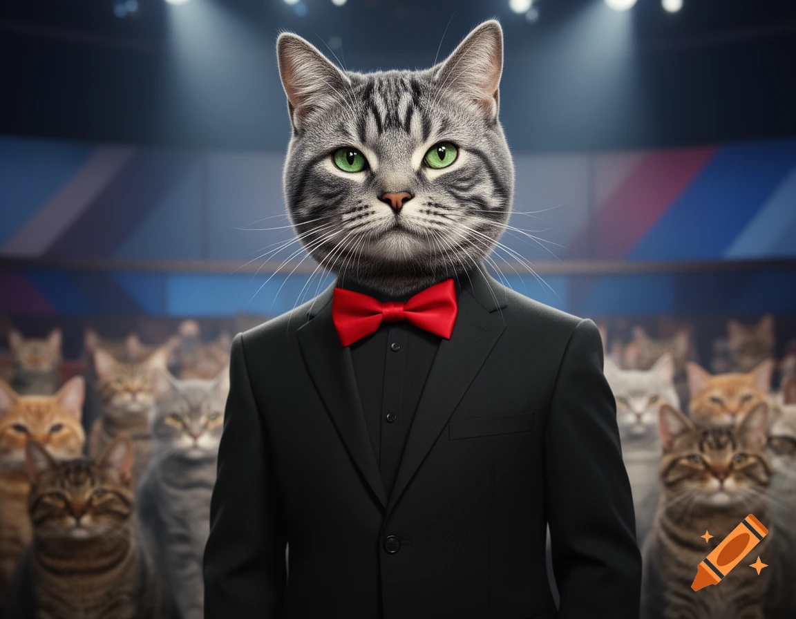 Photorealistic gray tabby cat in a black suit and red bow tie stands on a stage before an audience of cats under spotlights.