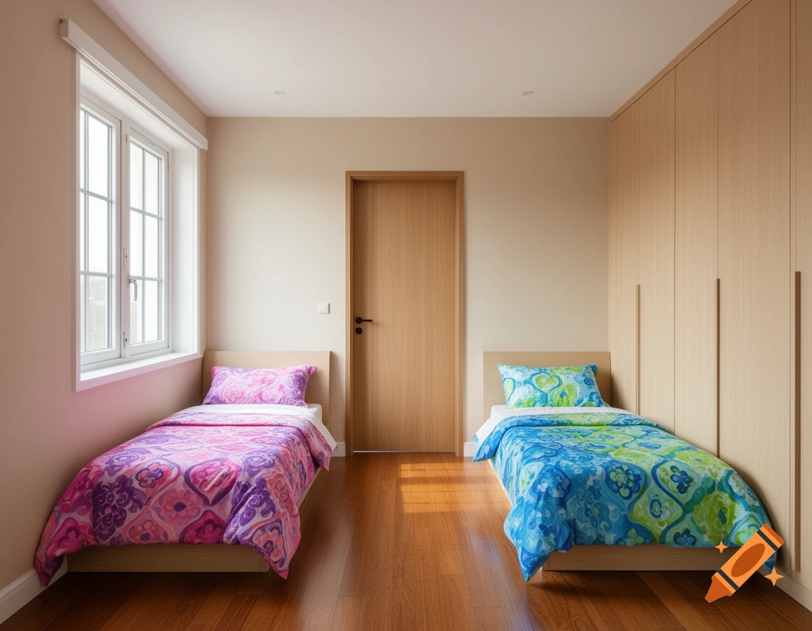 A bright bedroom with two single beds, one with pink and purple bedding and one with blue and green bedding, a window, door, and wooden wardrobe.