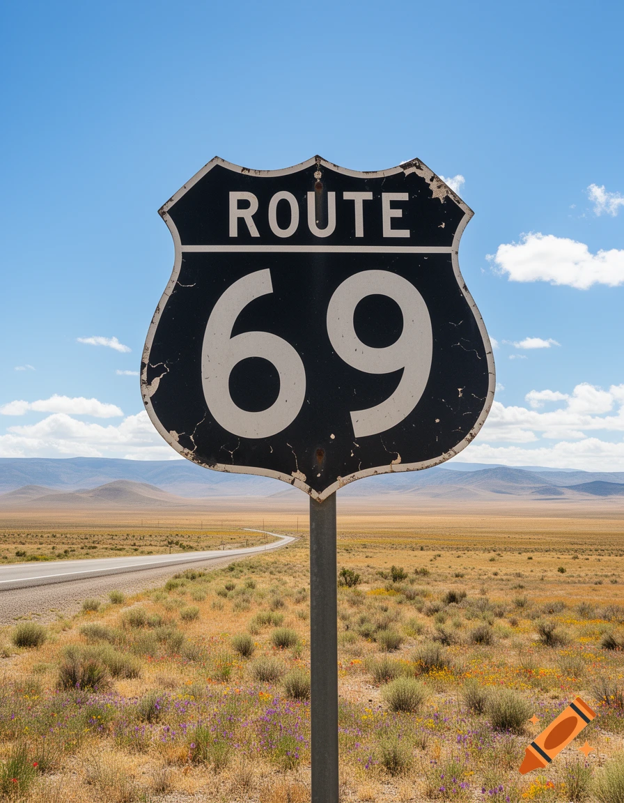 A weathered black and white ROUTE 69 sign stands beside a highway in a vast desert landscape under a blue sky.