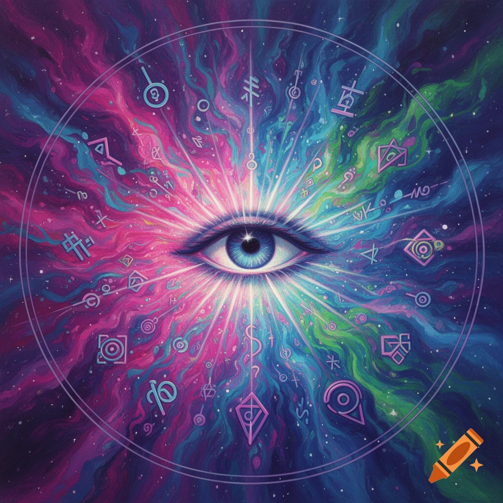A blue eye at the center of a cosmic explosion of vibrant pink, blue, and green swirling patterns, surrounded by abstract symbols within a circular frame.