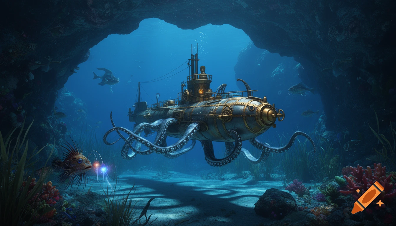A steampunk submarine with octopus tentacles floats under a rocky arch in a vibrant coral reef, with deep-sea fish and an anglerfish.