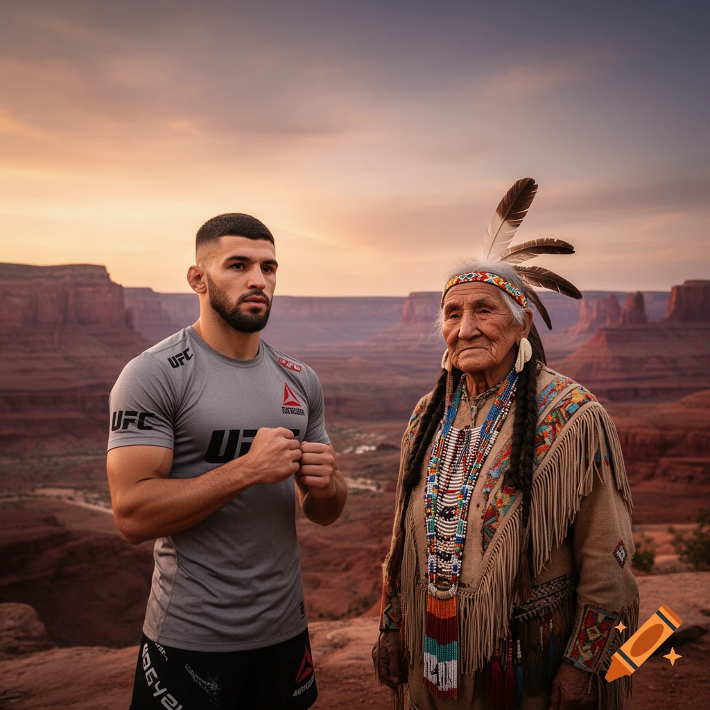 A muscular UFC fighter and an elderly Native American in traditional attire stand against a vast desert canyon landscape at sunset.