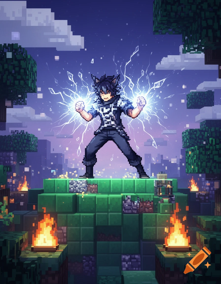 Pixel art anime character generating electricity in a Minecraft-style blocky world with torches.