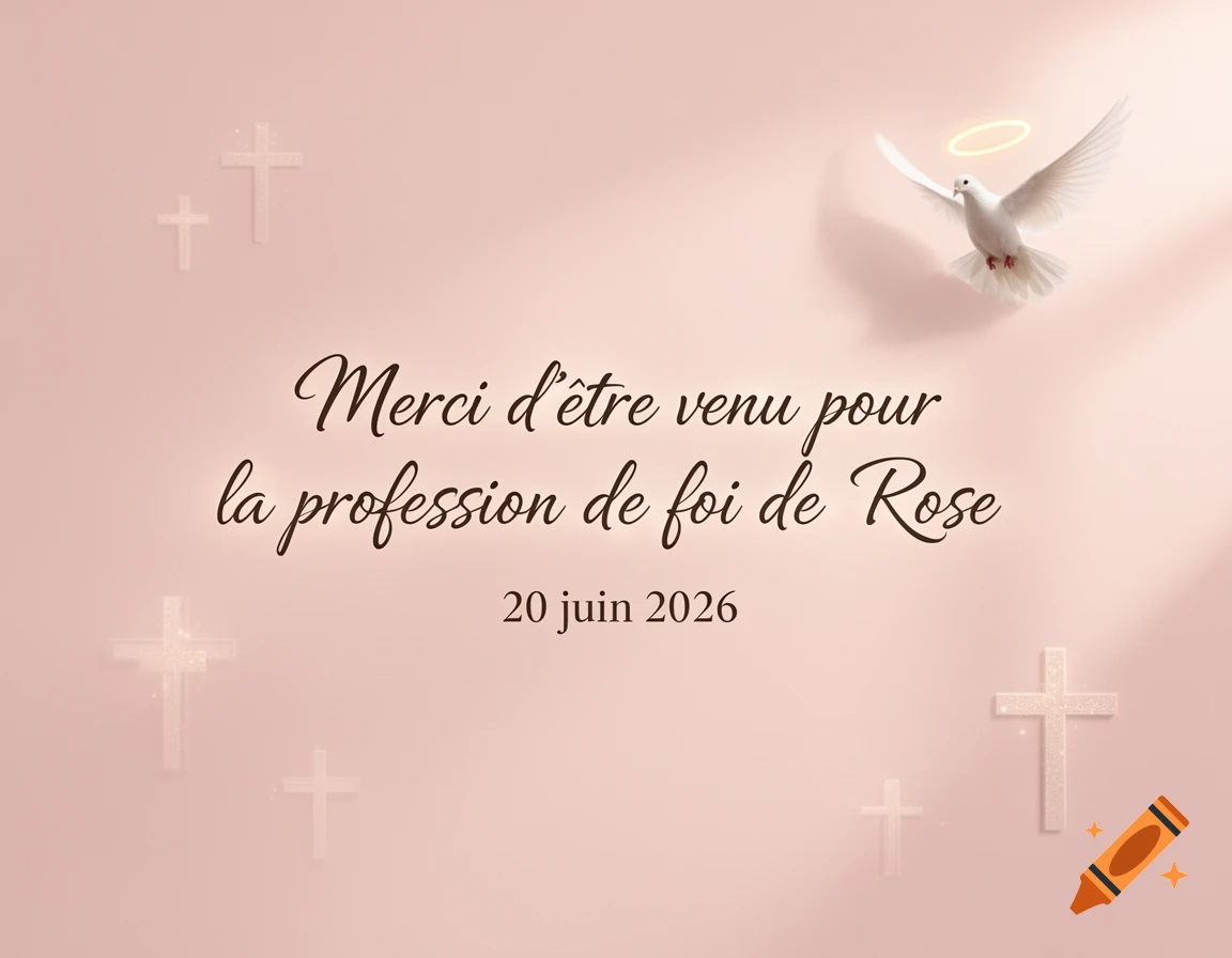 A light pink religious card featuring a white dove with a halo, subtle crosses, and French text: "Merci d'\u00eatre venu pour la profession de foi de Rose 20 juin 2026"