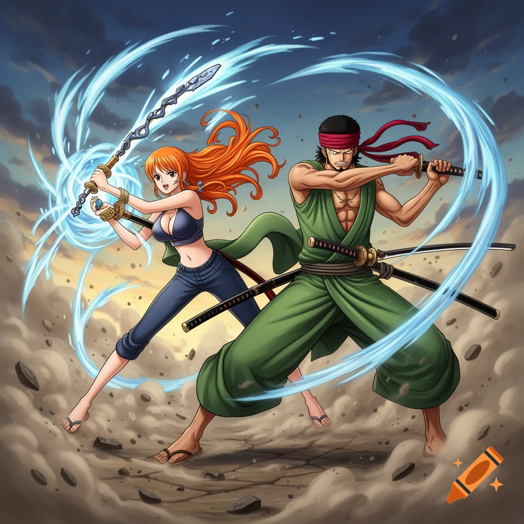 Anime style illustration of Nami and Zoro from One Piece in battle, wielding a staff and katanas amidst a dusty landscape.