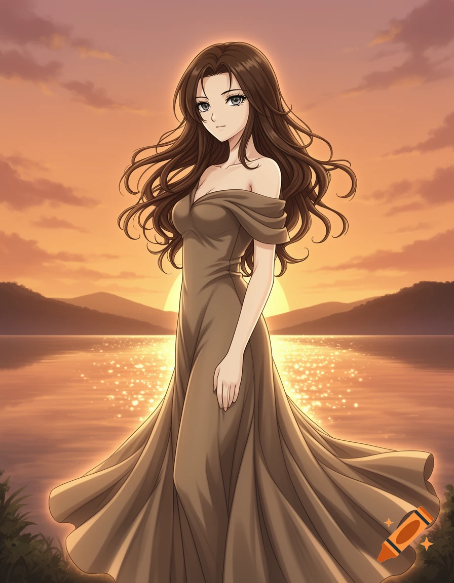 An anime woman with long brown hair and gray eyes in a brown off-shoulder dress stands by a sparkling lake at sunset.