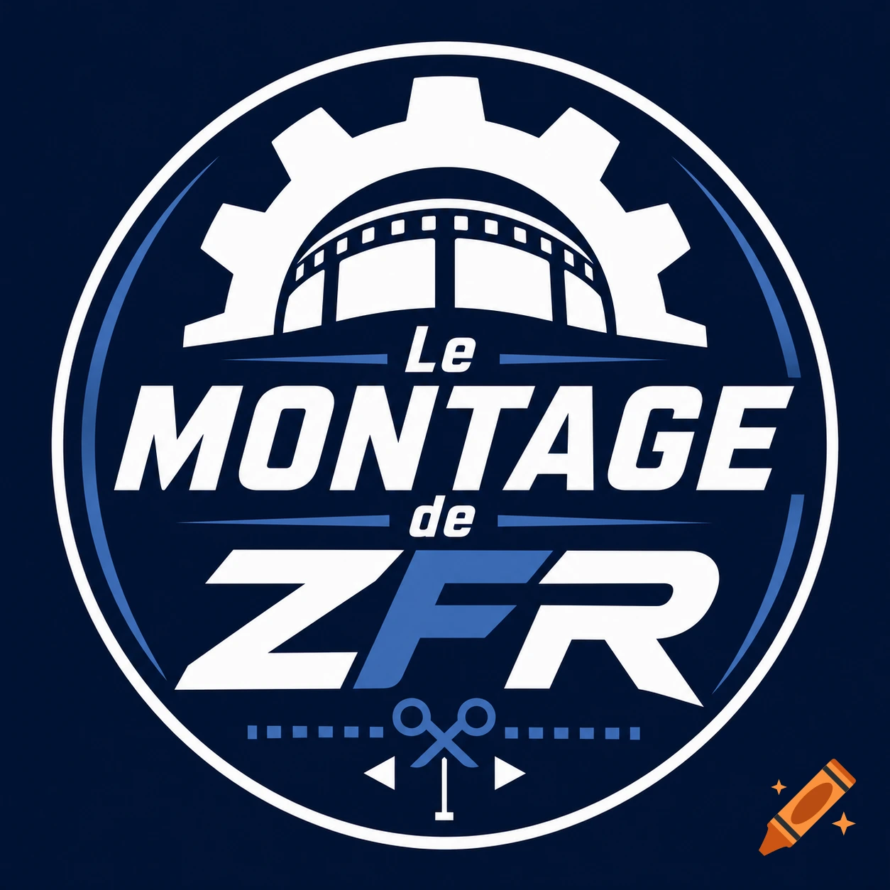 Logo for 'Le MONTAGE de ZFR' with a gear, film reel, and scissors on a dark blue background.