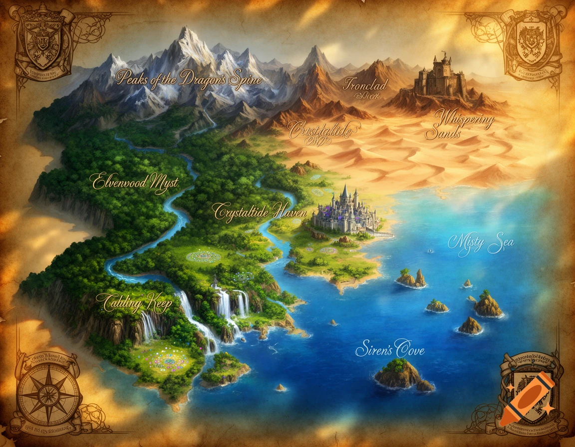 Detailed fantasy world map with mountains, forests, deserts, rivers, a sea, castles, and named regions like Elvenwood Myst and Siren's Cove.