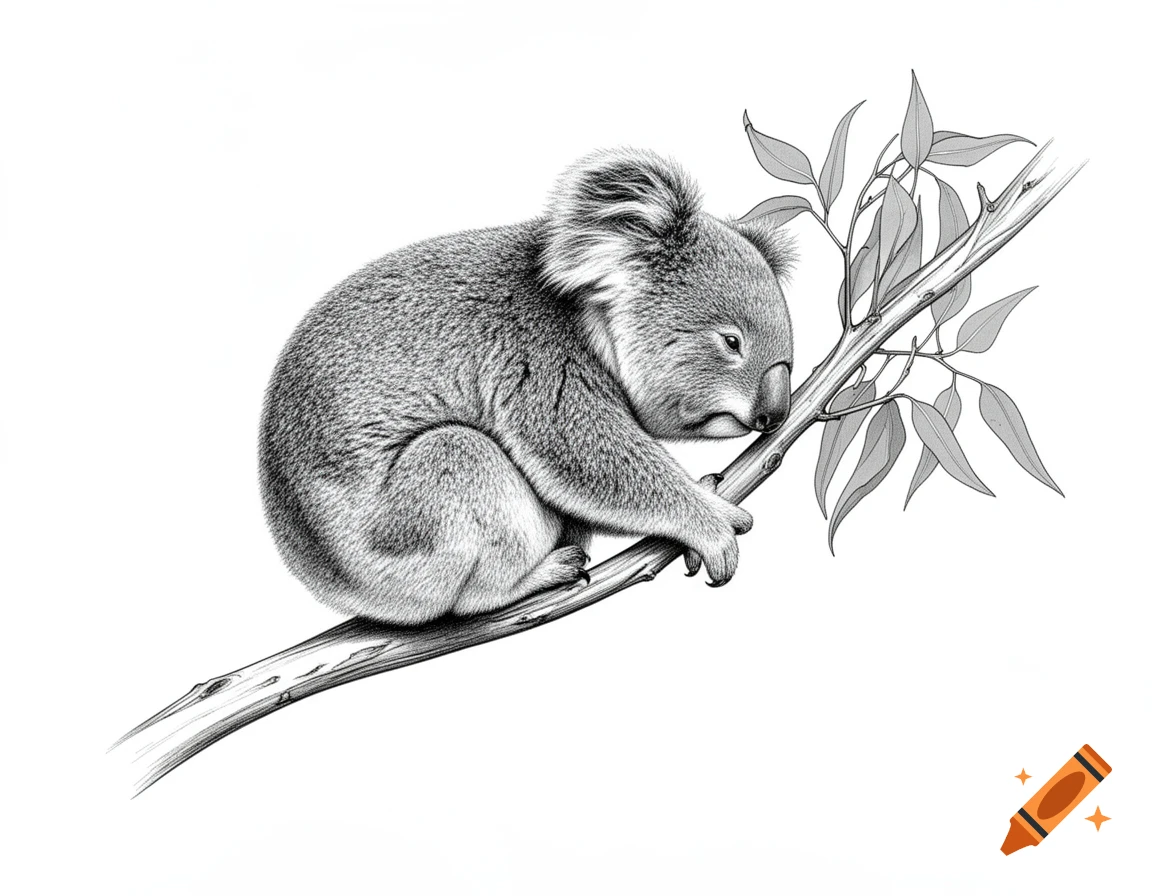 Detailed black and white illustration of a koala resting on a eucalyptus branch, isolated on a white background.